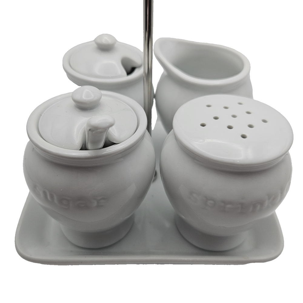 Pottery Barn Great White 5-Piece Condiment Set with Chrome Handle Caddy Read